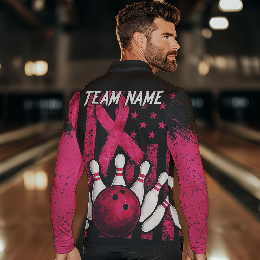 Breast Cancer Bowling Shirts For Men Custom Black and Pink ribbon American Flag Bowling Team Jerseys NQS9842