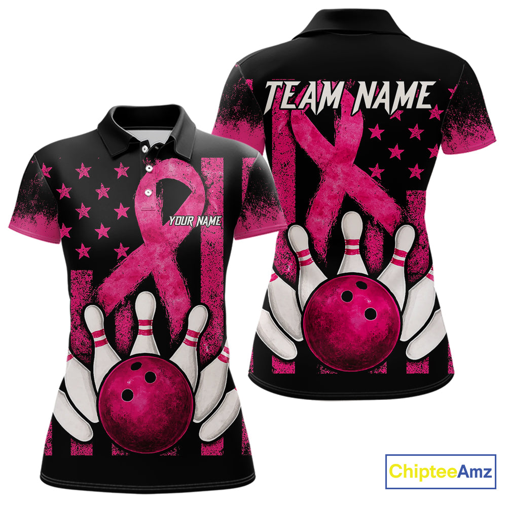 Breast Cancer Bowling Shirts For Women Custom Black and Pink ribbon American Flag Bowling Team Jerseys NQS9842