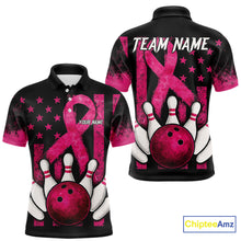 Load image into Gallery viewer, Breast Cancer Bowling Shirts For Men Custom Black and Pink ribbon American Flag Bowling Team Jerseys NQS9842