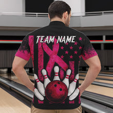Load image into Gallery viewer, Breast Cancer Bowling Shirts For Men Custom Black and Pink ribbon American Flag Bowling Team Jerseys NQS9842