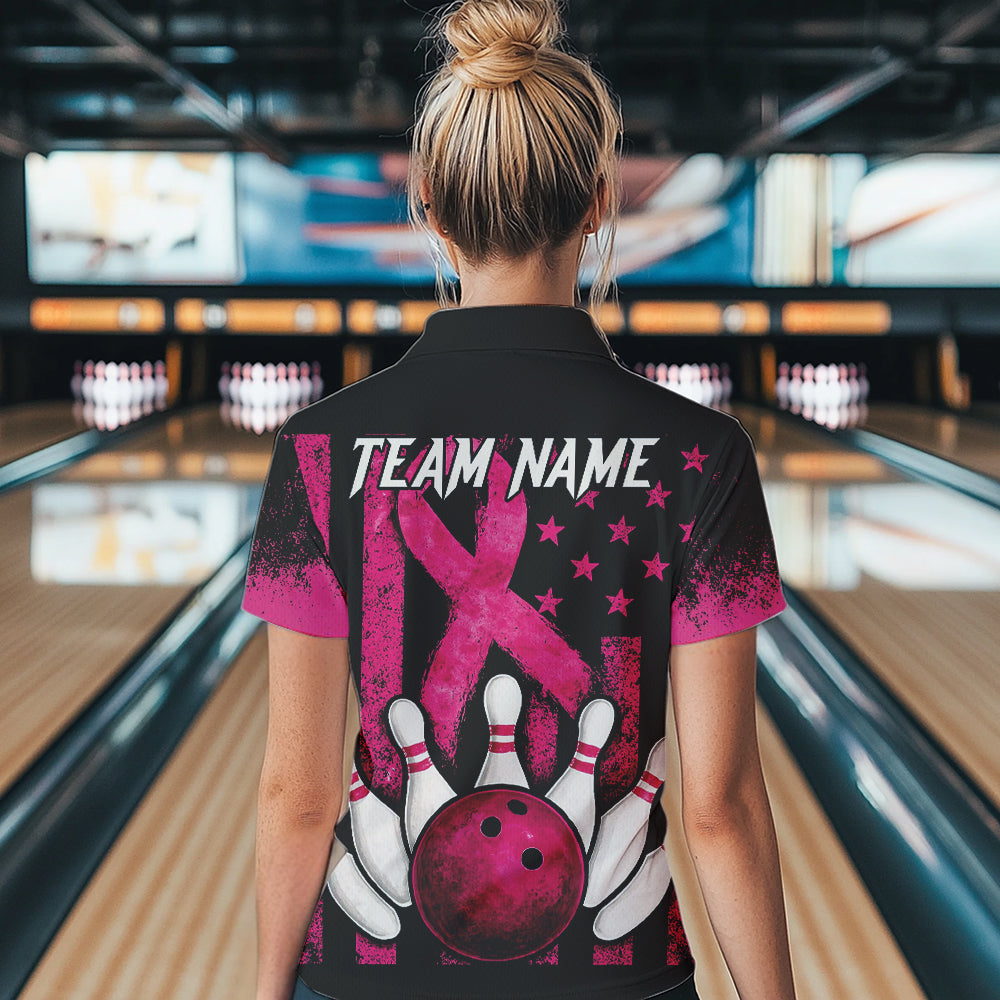 Breast Cancer Bowling Shirts For Women Custom Black and Pink ribbon American Flag Bowling Team Jerseys NQS9842