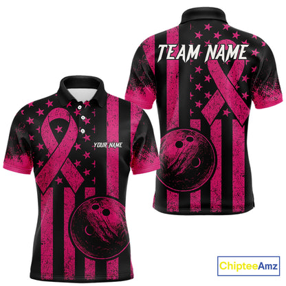 Black and Pink ribbon American Flag Bowling Shirts For Men Custom Breast Cancer team bowling shirts NQS9843