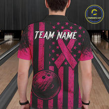 Load image into Gallery viewer, Black and Pink ribbon American Flag Bowling Shirts For Men Custom Breast Cancer team bowling shirts NQS9843