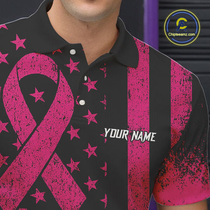 Black and Pink ribbon American Flag Bowling Shirts For Men Custom Breast Cancer team bowling shirts NQS9843