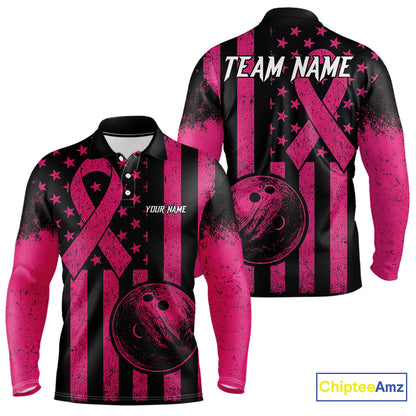 Black and Pink ribbon American Flag Bowling Shirts For Men Custom Breast Cancer team bowling shirts NQS9843