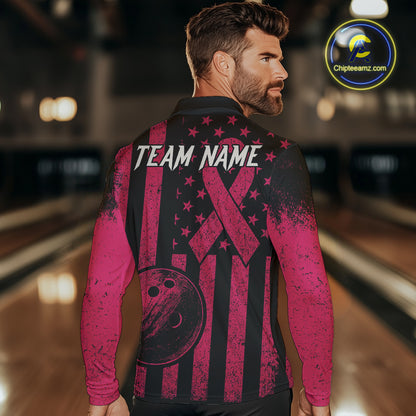 Black and Pink ribbon American Flag Bowling Shirts For Men Custom Breast Cancer team bowling shirts NQS9843