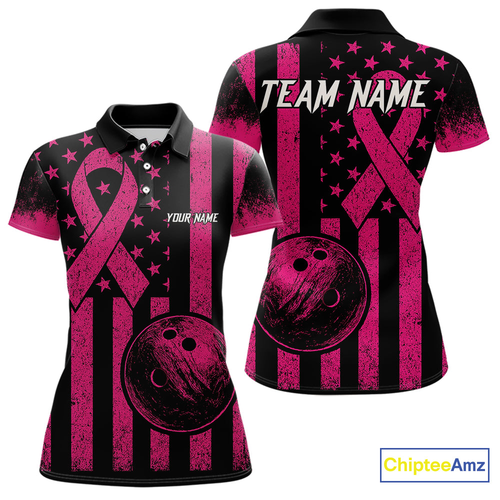 Black and Pink ribbon American Flag Bowling Shirts For Women Custom Breast Cancer team bowling shirts NQS9843