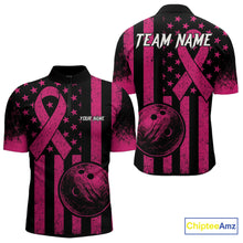 Load image into Gallery viewer, Black and Pink ribbon American Flag Bowling Shirts For Men Custom Breast Cancer team bowling shirts NQS9843