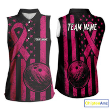 Load image into Gallery viewer, Black and Pink ribbon American Flag Bowling Sleeveless Polos Custom Breast Cancer team bowling shirts NQS9843
