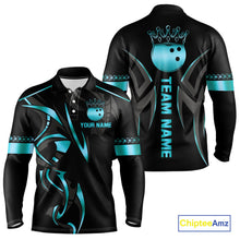 Load image into Gallery viewer, Black and Cyan Blue crown Bowling ball Polo, Quarter Zip Shirts for Men Custom Bowling Team jerseys NQS10075