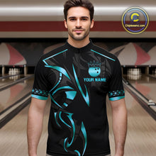 Load image into Gallery viewer, Black and Cyan Blue crown Bowling ball Polo, Quarter Zip Shirts for Men Custom Bowling Team jerseys NQS10075