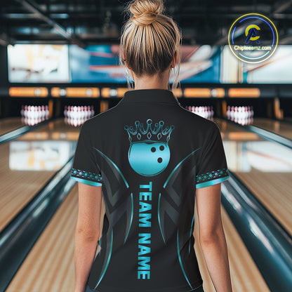Black and Cyan Blue crown Bowling ball Polo, Quarter Zip Shirts for Women Custom Bowling Team jerseys NQS10075
