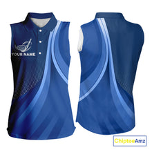 Load image into Gallery viewer, Women sleeveless polo shirt custom name Blue golf shirt, sleeveless golf tops for ladies NQS10223