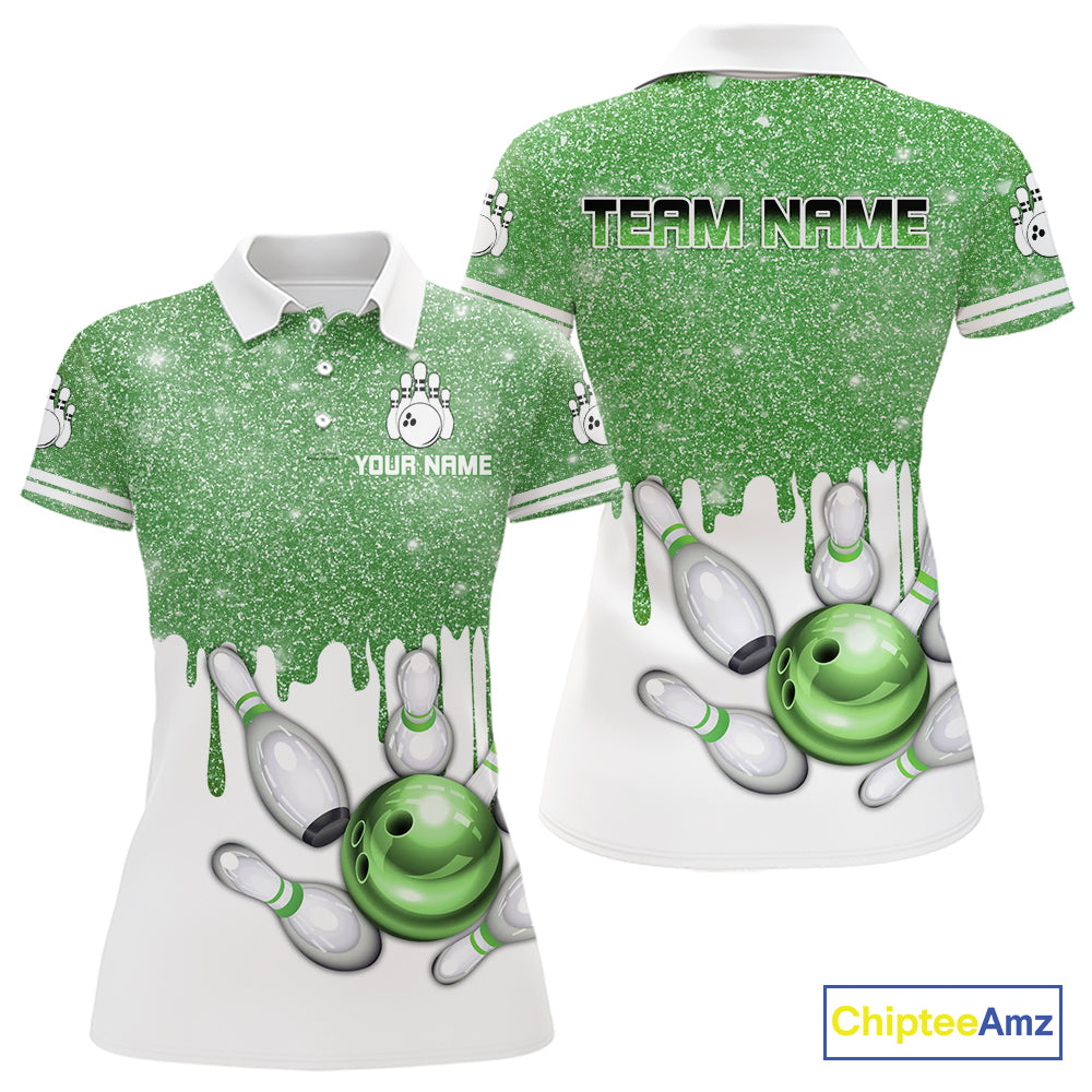 Green glitter Bowling Shirts For Women Custom team bowling jerseys, Personalized bowling uniform NQS10814
