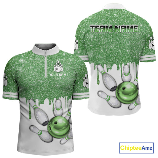 Green glitter Bowling Shirts For Men Custom team bowling jerseys, Personalized bowling uniform NQS10814
