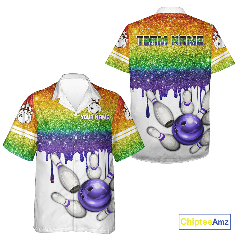 Rainbow glitter Bowling Hawaiian Shirt Custom team bowling jerseys, Personalized bowling uniform NQS10815