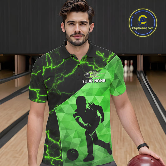 Green Thunder Lightning Bowling Polo, Quarter Zip Shirts For Men Custom Team Bowling Outfit NQS10821