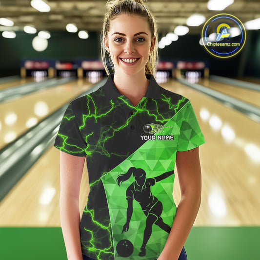 Green Thunder Lightning Bowling Polo, Quarter Zip Shirts For Women Custom Team Bowling Outfit NQS10821