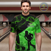 Load image into Gallery viewer, Green Thunder Lightning Bowling Polo, Quarter Zip Shirts For Men Custom Team Bowling Outfit NQS10821