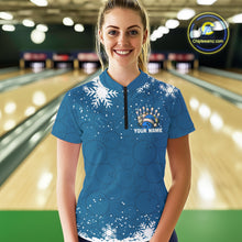 Load image into Gallery viewer, Blue Christmas Bowling snowflake Women&#39;s Bowling Polo, Quarter Zip shirts Custom Xmas Bowling Outfits NQS10995