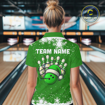 Green Christmas Bowling snowflake Women's Bowling Polo, Quarter Zip shirt Custom Xmas Bowling Outfits NQS10996