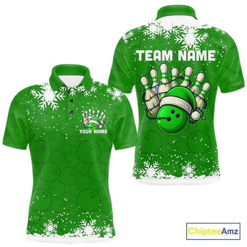 Green Christmas Bowling snowflake Men's Bowling Polo, Quarter Zip shirts Custom Xmas Bowling Outfits NQS10996