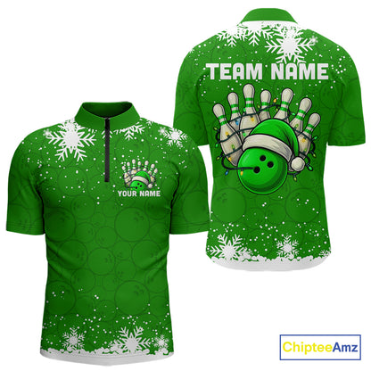 Green Christmas Bowling snowflake Men's Bowling Polo, Quarter Zip shirts Custom Xmas Bowling Outfits NQS10996