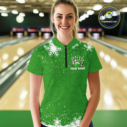 Green Christmas Bowling snowflake Women's Bowling Polo, Quarter Zip shirt Custom Xmas Bowling Outfits NQS10996