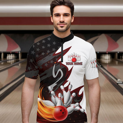 Black and White American flag Bowling jersey Custom Patriotic Bowling Polo, 1/4 Zip Shirts For Men NQS10999