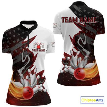 Black and White American flag Bowling jersey Custom Patriotic Bowling Polo, 1/4 Zip Shirts For Women NQS10999