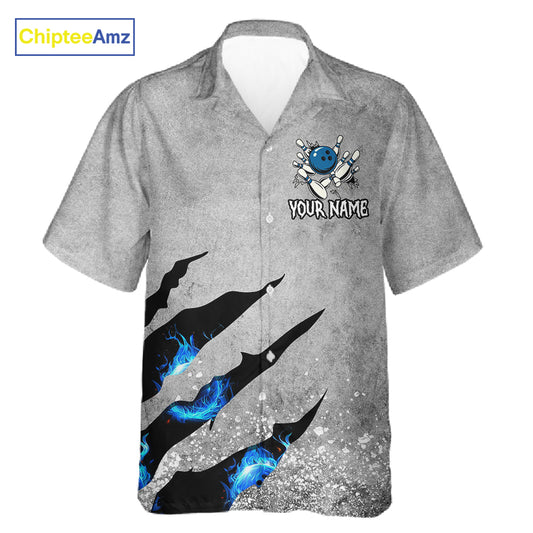Blue flame bowling ball jerseys Gray grunge custom bowling hawaiian shirts, bowling league shirts NQS11396