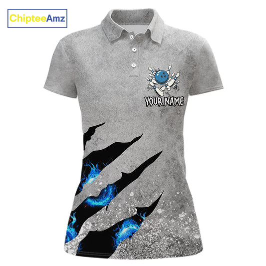 Blue flame bowling ball jerseys Gray grunge custom bowling shirts women, bowling league shirts NQS11396