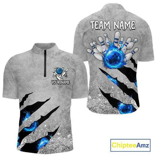 Blue flame bowling ball jerseys Gray grunge custom bowling shirts for men, bowling league shirts NQS11396