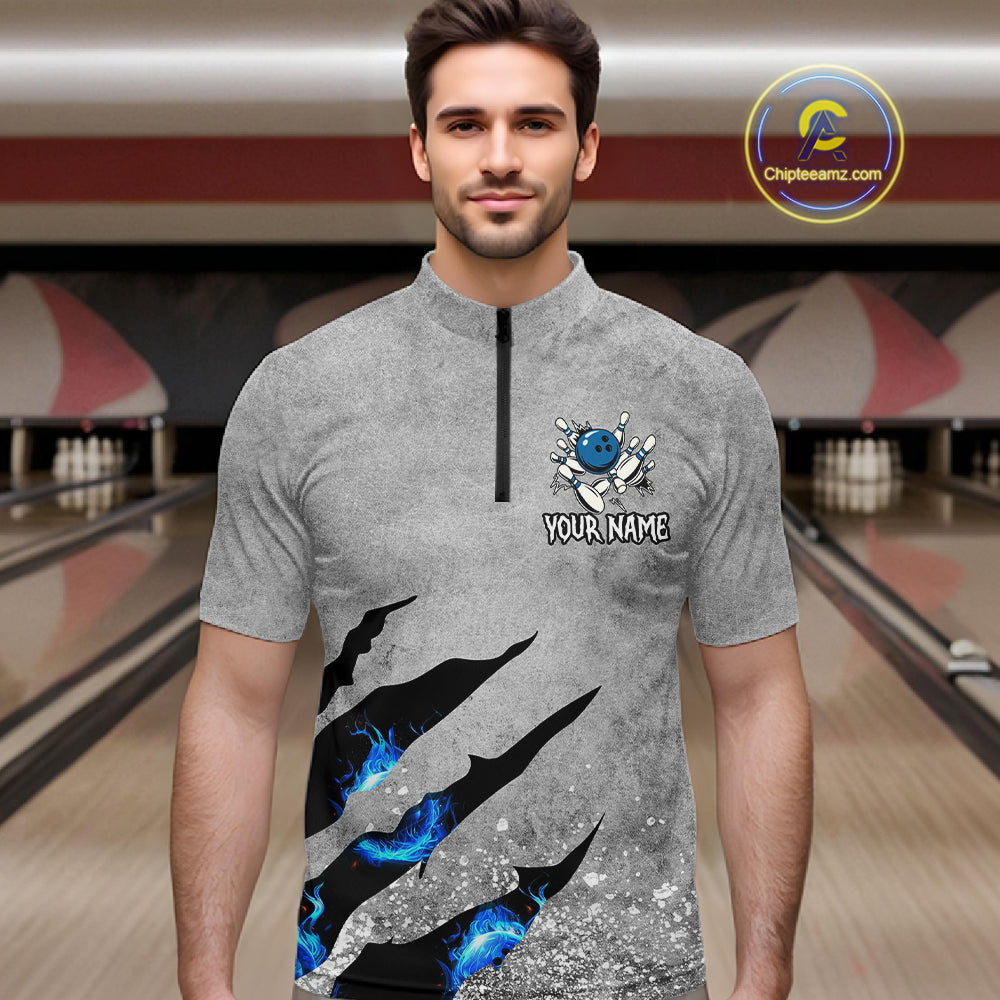 Blue flame bowling ball jerseys Gray grunge custom bowling shirts for men, bowling league shirts NQS11396