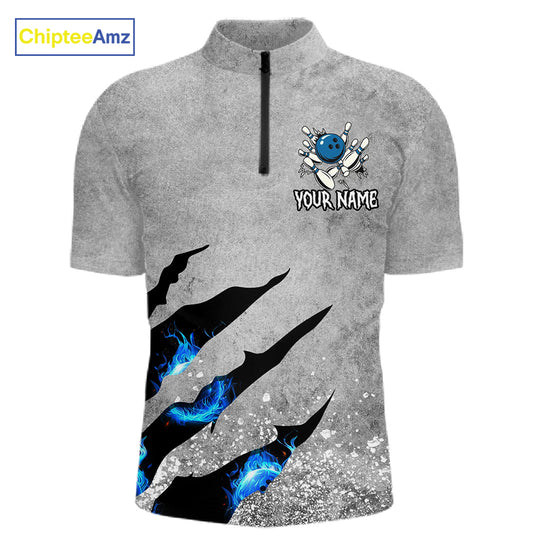 Blue flame bowling ball jerseys Gray grunge custom bowling shirts for men, bowling league shirts NQS11396