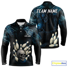Load image into Gallery viewer, Blue Thunder Lightning Skull Reaper Bowling Polo, 1/4 Zip Shirts For Men Custom team bowling jerseys NQS9849