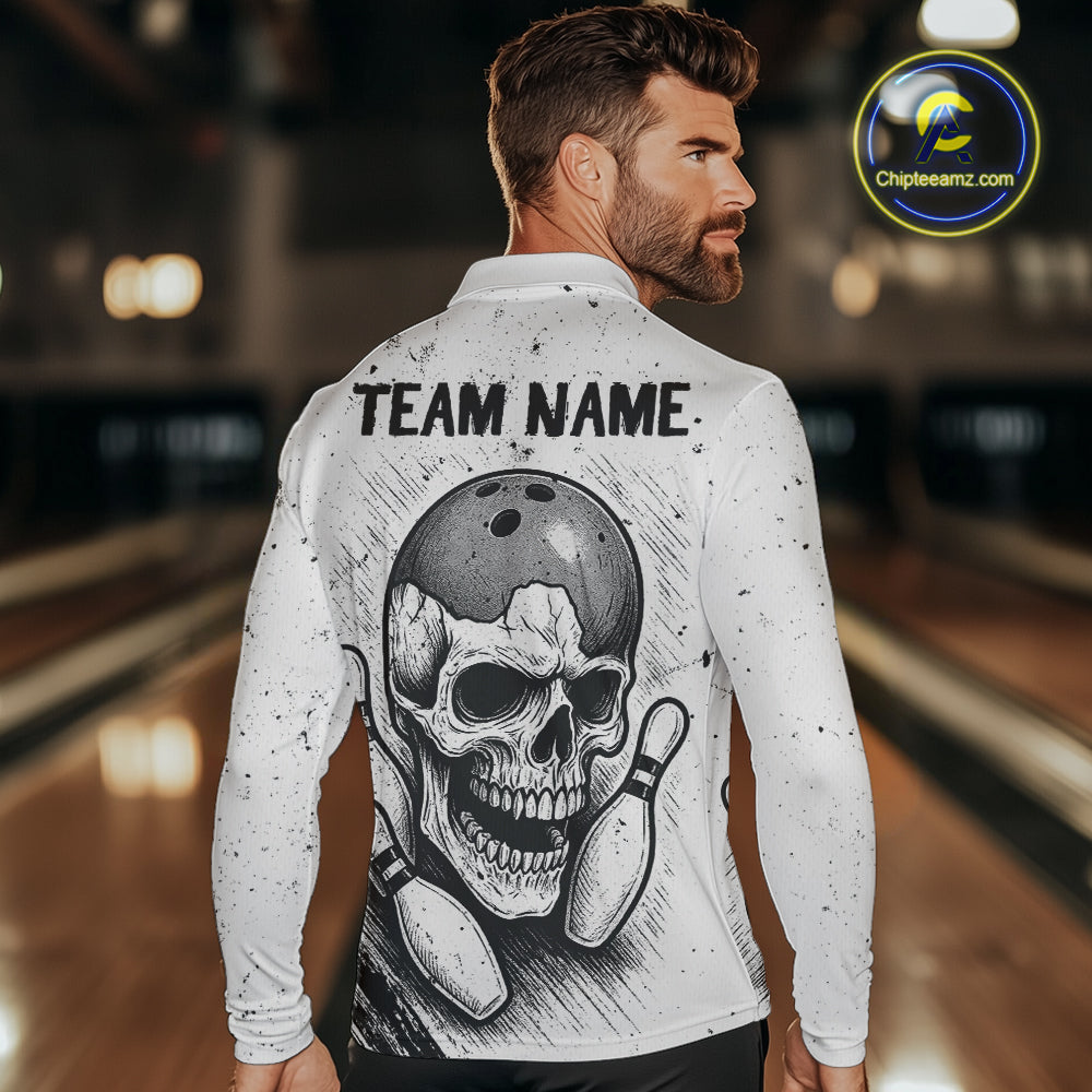 Black and White Grunge Skull Bowling Polo, 1/4 Zip Shirts For Men Custom Skull team bowling jerseys NQS9854