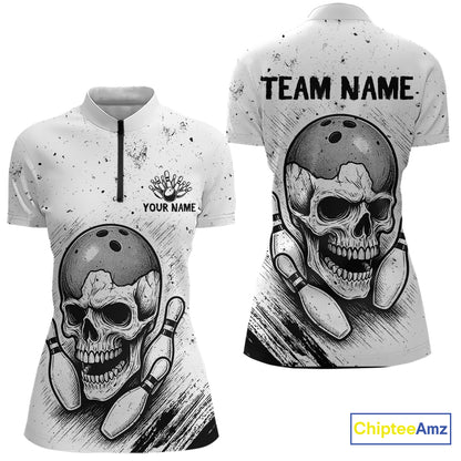 Black and White Grunge Skull Bowling Polo, 1/4 Zip Shirts For Women Custom Skull team bowling jerseys NQS9854