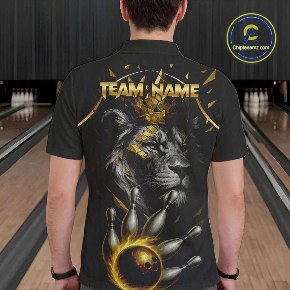 Custom Black and Gold Lion Bowling Polo, Quarter Zip shirts for Men, Lion Team Bowling Jerseys NQS10231