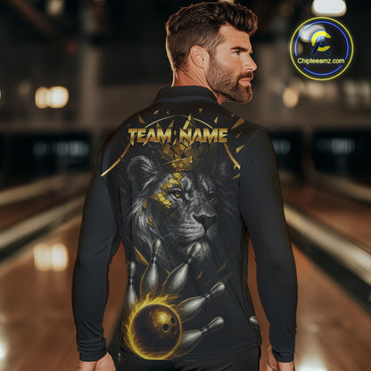 Custom Black and Gold Lion Bowling Polo, Quarter Zip shirts for Men, Lion Team Bowling Jerseys NQS10231