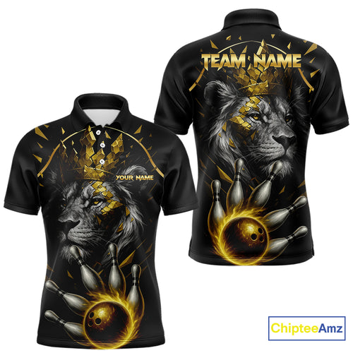 Custom Black and Gold Lion Bowling Polo, Quarter Zip shirts for Men, Lion Team Bowling Jerseys NQS10231