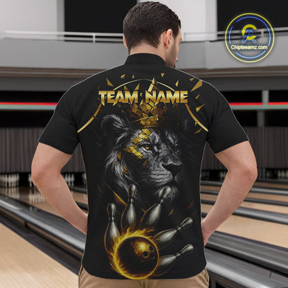 Custom Black and Gold Lion Bowling Polo, Quarter Zip shirts for Men, Lion Team Bowling Jerseys NQS10231