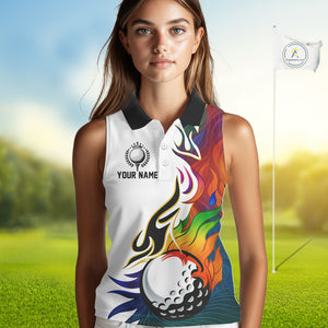Colorful Rainbow Flame golf ball Women Sleeveless Polos custom team golf jerseys, Ladies golf attire NQS10399