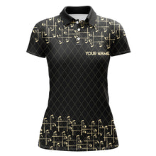 Load image into Gallery viewer, Black and Gold argyle pattern golf clubs Womens Golf Polo Shirts Custom Golf attire for women NQS9123
