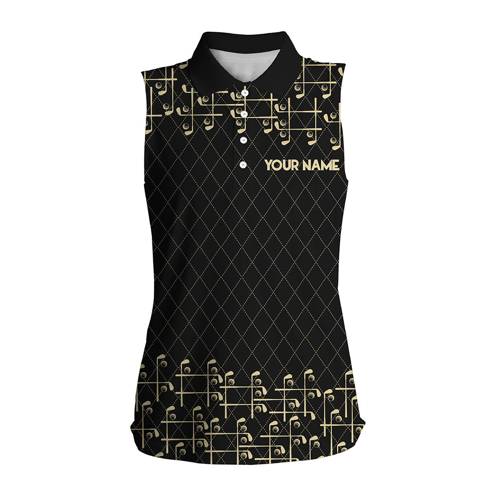 Black and Gold argyle pattern golf clubs Womens Sleeveless Polo Shirts Custom Golf attire for women NQS9123