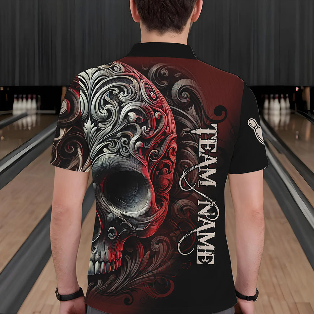 Red and Black Skull Scroll Men Bowling Polo, Quarter Zip Shirts Custom Skull Team bowling Jersey NQS9331