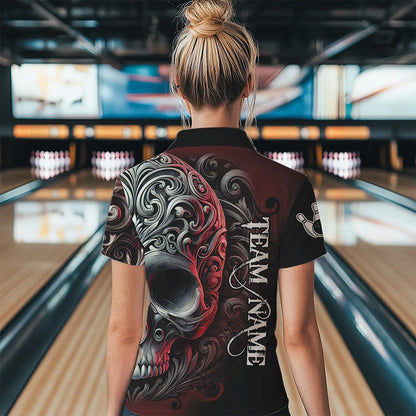 Red and Black Skull Scroll Women Bowling Polo, Quarter Zip Shirts Custom Skull Team bowling Jersey NQS9331