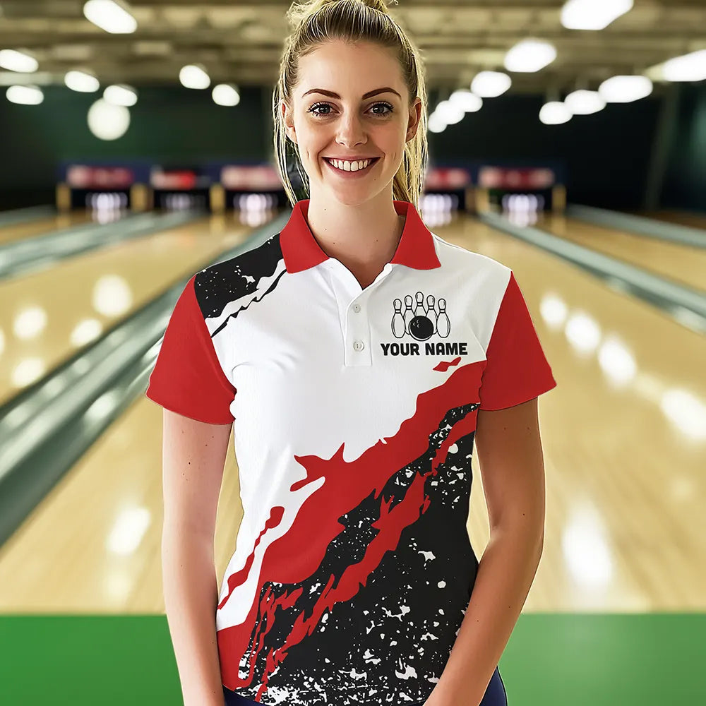 Black and white grunge pattern Bowling shirts for Women Custom Bowling Team league Jerseys | Red NQS9335