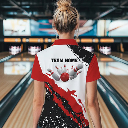 Black and white grunge pattern Bowling shirts for Women Custom Bowling Team league Jerseys | Red NQS9335