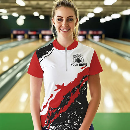 Black and white grunge pattern Bowling shirts for Women Custom Bowling Team league Jerseys | Red NQS9335